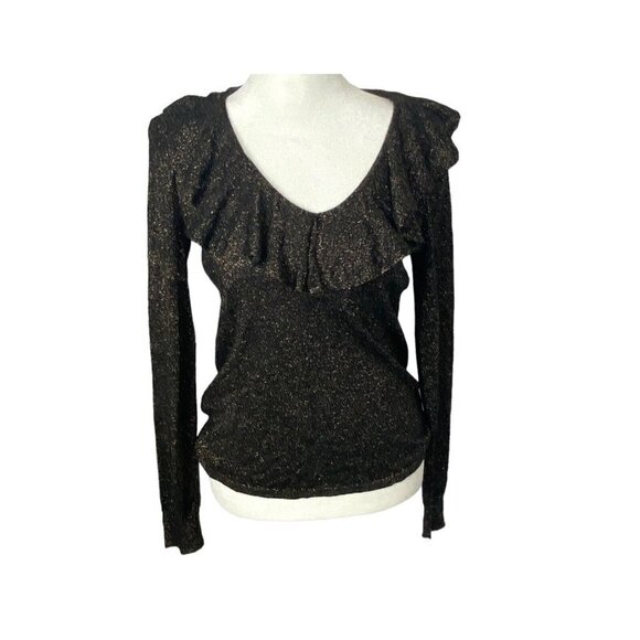 LAUREN RALPH LAUREN Sweater Ruffle V Neck Metallic Top Black Gold XS 6A-1 - Picture 1 of 9